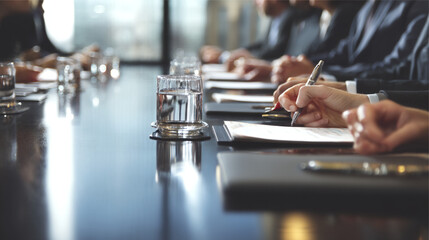 A meeting in progress with people signing documents and glasses of water on a conference table top