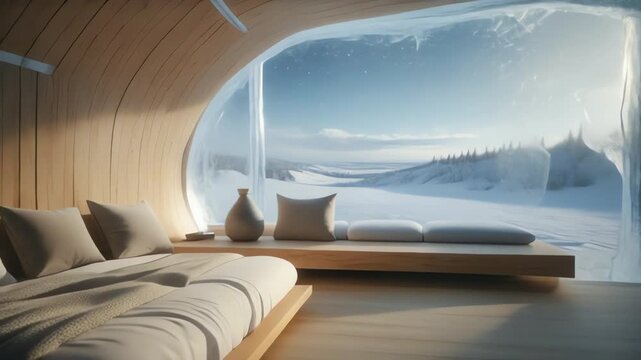 A breathtaking, ultra-luxurious igloo set in an icy arctic landscape, featuring a transparent dome, soft ambient lighting, and a warm, inviting interior. 