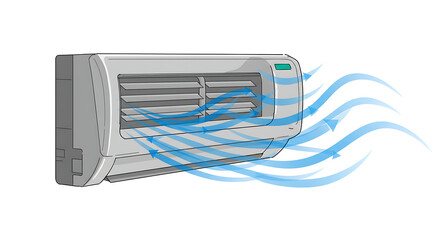 Outline drawing of a modern air conditioning appliance for a business or office, illustrating the process of cooling and air circulation.