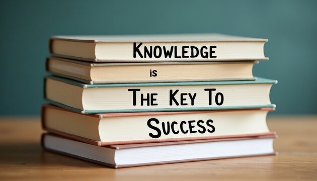 Stacked Books with Knowledge is the Key to Success Motivational Message
