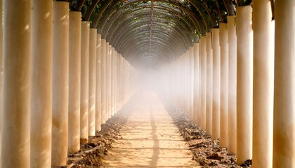 Naklejka premium Walking Path Through Tunnel with Posts and Fog