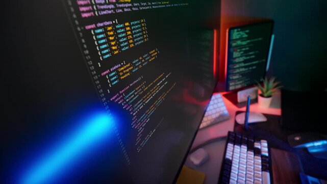 Programming Code Lines IT support Modern Studio computer equipment security environment with multiple glowing screens