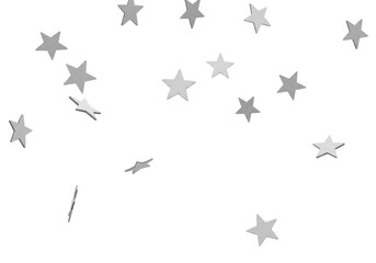 Light grey star-shaped confetti gracefully floating and softly falling on a transparent seamless background, bright diffuse lighting, sharp focus, clean contours, ample negative space. Concept of