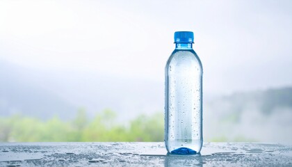 Cold Plastic Water Bottle on Wet Glass Table — Outdoor Refreshing Beverage Photography in Soft Light
