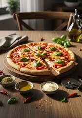 Delicious margherita pizza with fresh basil and ingredients on a wooden table