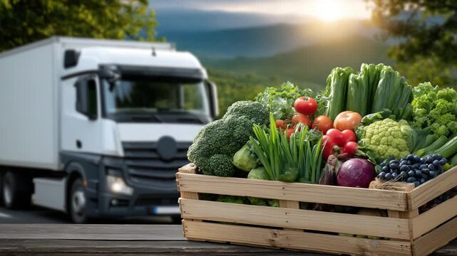 A wooden crate brimming with fresh organic produce sits next to an eco-friendly electric delivery truck on a sunlit rural road.