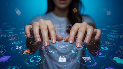 A digital composite image showing hands interacting with a holographic user interface.