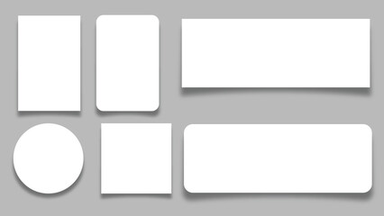 set of white paper cutout shapes with soft shadows on gray background including square, rectangle, circle, rounded corners, modern label and banner templates