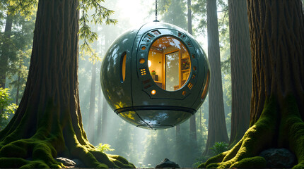 Futuristic spherical pod suspended in a sunlit, misty forest. A unique blend of modern architecture and natural serenity, creating an innovative escape.