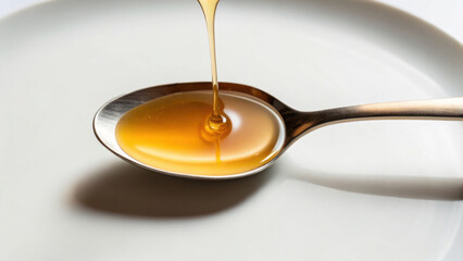 Golden liquid is being poured into teaspoon, resting on white surface, creating visually appealing contrast. smooth texture and shine of liquid evoke sense of richness and indulgence