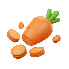 Vibrant three-dimensional carrot and its fresh slices float playfully, representing healthy eating and natural goodness.