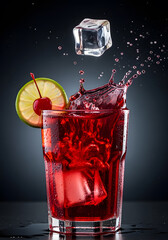 A vibrant cocktail splashing in a glass, featuring a cherry and lime garnish. An ice cube is mid-air above the drink, creating dynamic splashes.