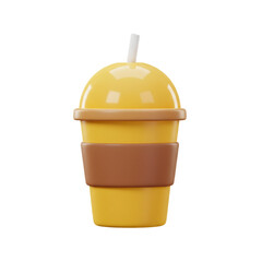 A vibrant illustration of a yellow takeaway drink cup with a brown sleeve and a domed lid.