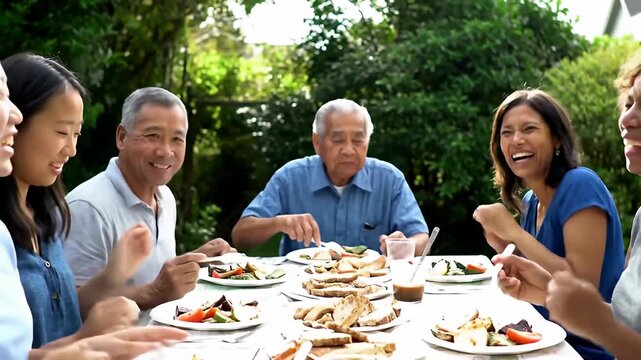 A diverse group enjoys a daytime meal together outdoors with lush foliage backdrop