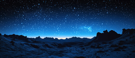 Starry sky over a mountainous landscape, conveys a sense of tranquility and majesty of nature. Useful for articles about nature and astronomy.