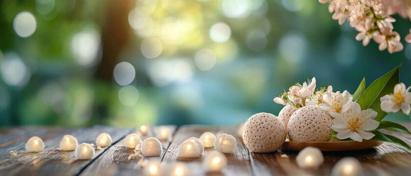 Background with flowers and aromatic balls on wooden surface. Useful for articles about relaxation and spa treatments.