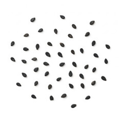 Ultra-realistic black sesame seeds, small and irregularly shaped with a slight sheen, scattered artfully on a transparent seamless surface in a high-key flat lay studio shot, concept for pristine food
