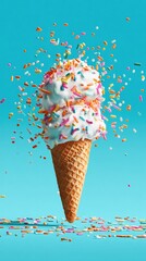 An ice cream cone with sprinkles flying around, set against a blue background, template for social media banner, digital marketing, web, mobile wallpaper, greetings card