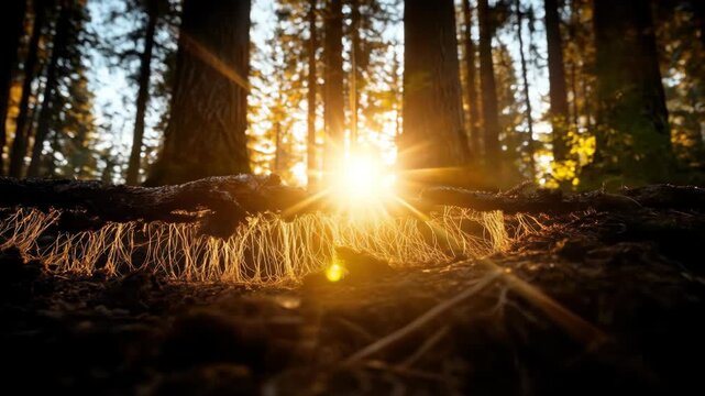 Golden sunset light illuminates delicate, exposed tree roots and fine rootlets in a dark forest setting, creating a mystical, ethereal scene