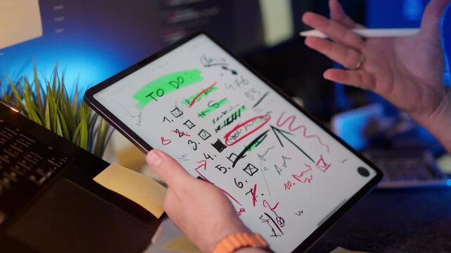 graphic tablet Project Chaos Frustration To Do List Overload visualized by messy notes on digital tablet