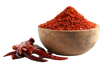 Coarsely ground chili flakes in a wooden bowl with dried red peppers. A vibrant and spicy seasoning, isolated on a white background.