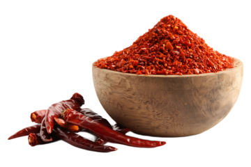 Coarsely ground chili flakes in a wooden bowl with dried red peppers. A vibrant and spicy seasoning, isolated on a white background.