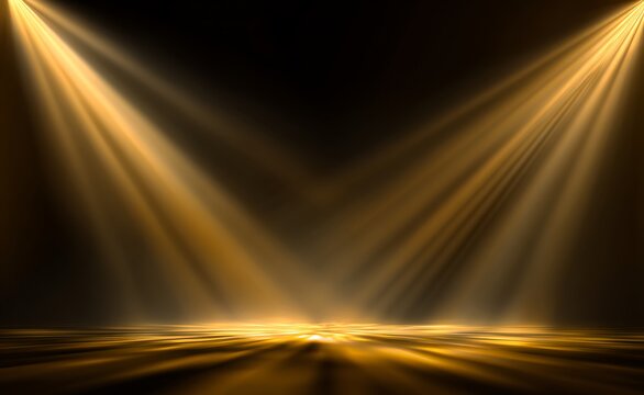 The background of the stage is a clean black color, with golden lights shining down from both sides and below