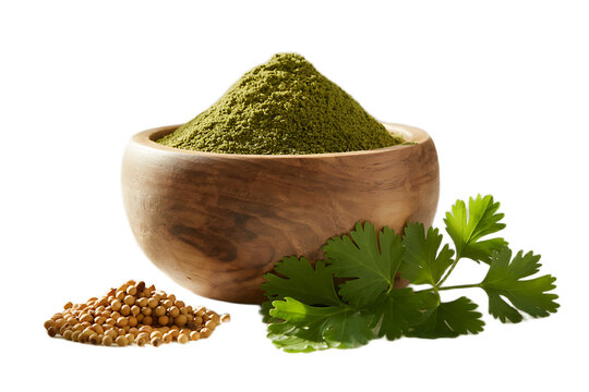 Coriander powder and seeds with a fresh cilantro leaf. A deconstructed still life of the versatile spice, isolated on a white background.