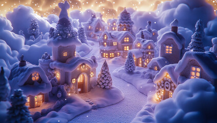 A strange snowy city made of white marshmallows, shimmering in warm golden light and surrounded by fluffy cotton-like clouds,