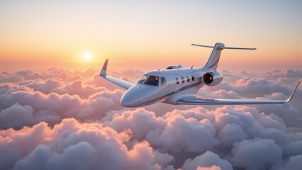 Fototapeta premium A private jet soars above the clouds at sunset, capturing the essence of luxury air travel