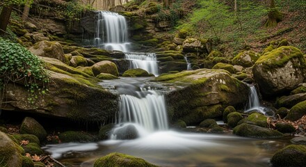 Fototapeta premium Enchanting Waterfall Cascading Through Mossy Rocks in a Lush Forest Landscape