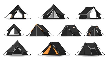 Illustrative vector collection of varied camping tent designs in sleek black and white