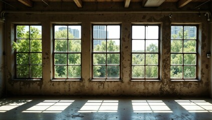 Rustic Interior with Large Windows Overlooking Greenery and Urban Landscape