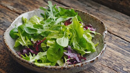 Fresh mixed green salad in rustic bowl on wooden table  