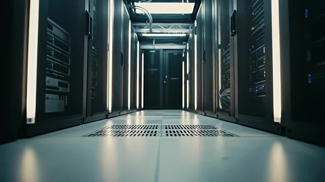 Long, clean data center hallway with rows of black server racks and glowing lights