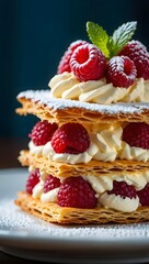 A delectable millefeuille pastry, layered with fresh raspberries, sweet cream, and a dusting of powdered sugar, topped with a sprig of mint