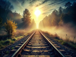 Fototapeta premium Double Exposure: Train Tracks in Fog, Light and Shadow, Atmospheric Depth, Abstract Emotion
