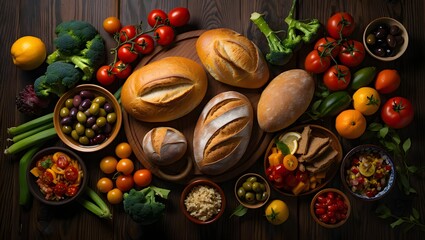 A rustic wooden table with an assortment of fresh bread, tomatoes, olives, and vegetables