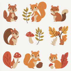 Obraz premium Group of autumn squirrels with acorns, leaves and mushrooms in a playful clipart set, perfect for seasonal printables, classroom visuals and kids paper crafts