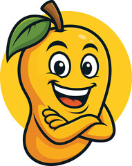 Happy cartoon mango character with crossed arms and big smile