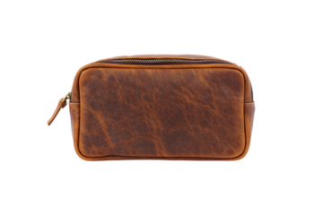 Rustic brown leather toiletry bag isolated on transparent background