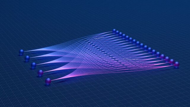 Neural Network Artificial Intelligence concept: Two layers of input and output connected each by colorful bezier splines. Signal running between the endpoints and endpoints flickering.