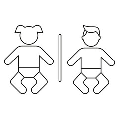 Baby Girl and Boy WC Line Icon. Diaper Changing Room Restroom Sign for Children and Infants Outline Symbol. Editable Stroke. Isolated Vector Illustration.