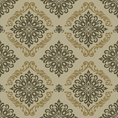 Elegant seamless damask pattern featuring ornate black and gold motifs on a soft beige background. Ideal for packaging design, fabric prints, wallpapers, and vintage-inspired luxury projects