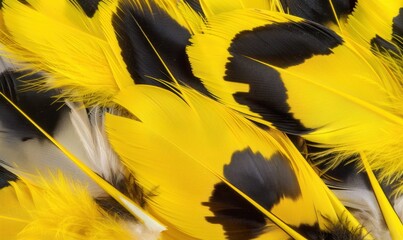 Striking yellow bird feathers with black and white accents close up