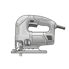 Gray electric jigsaw, side view, showing intricate details of the tool's design.