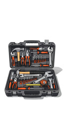 Open black toolbox filled with various tools including wrenches, screwdrivers, pliers, hammer, and measuring tape, organized in fitted compartments.