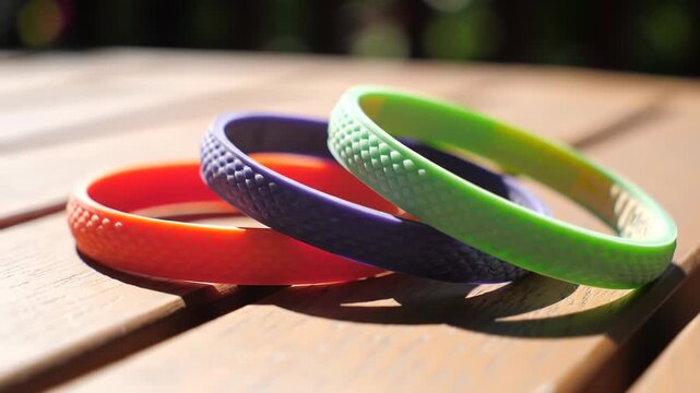 Three colorful textured bracelets on a wooden surface