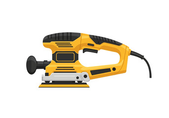 Fototapeta premium Yellow and black orbital sander with a power cord, isolated on a white background, used for woodworking and surface finishing.
