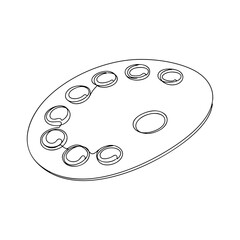 Fototapeta premium Vector line art of an artist’s paint palette with circular wells, black outline illustration for art and creative projects